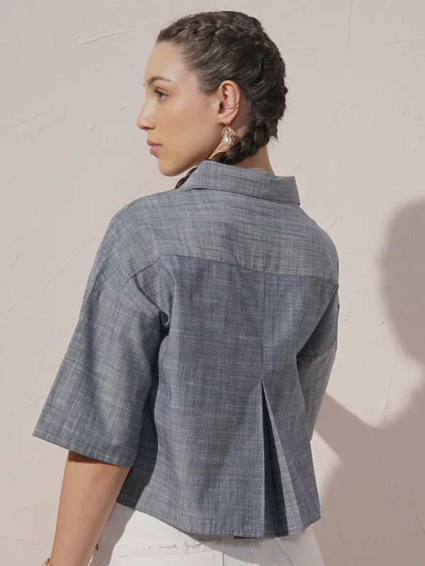 Vara By Vishudh Women Blue Embroidered Boxy Fit Casual Shirt