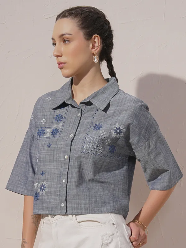 Vara By Vishudh Women Blue Embroidered Boxy Fit Casual Shirt