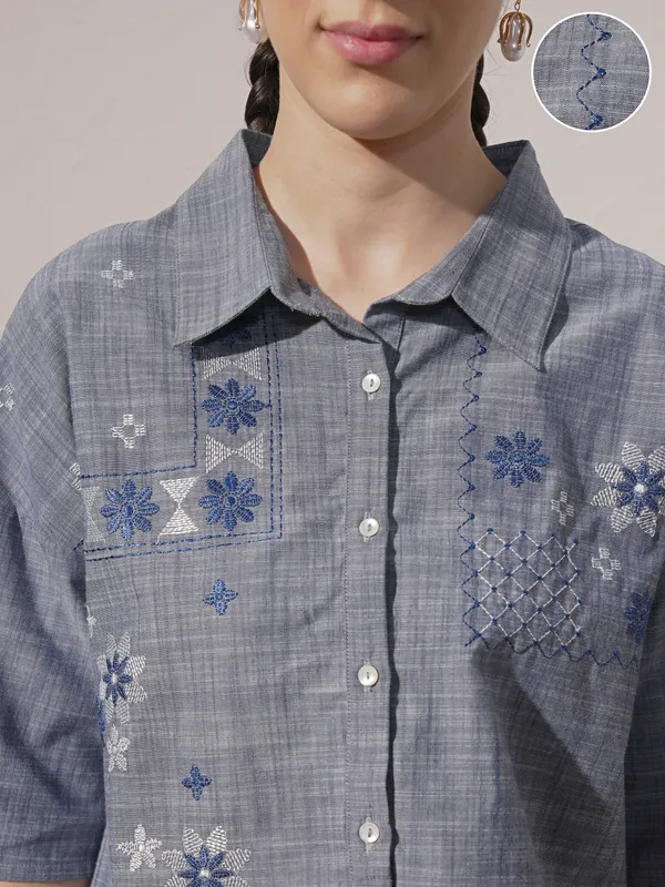 Vara By Vishudh Women Blue Embroidered Boxy Fit Casual Shirt