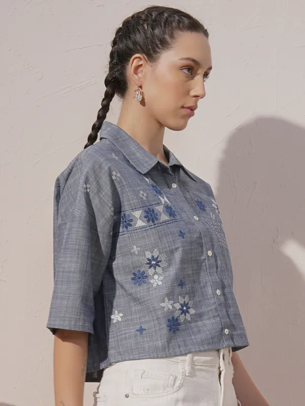 Vara By Vishudh Women Blue Embroidered Boxy Fit Casual Shirt