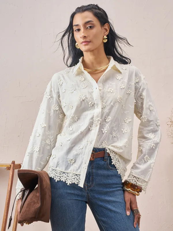 Vara By Vishudh Women White Self Design Casual Shirt