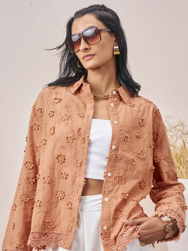 Vara By Vishudh Women Brown Embroidered Casual Shirt
