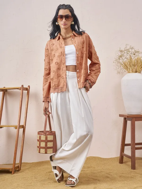 Vara By Vishudh Women Brown Embroidered Casual Shirt