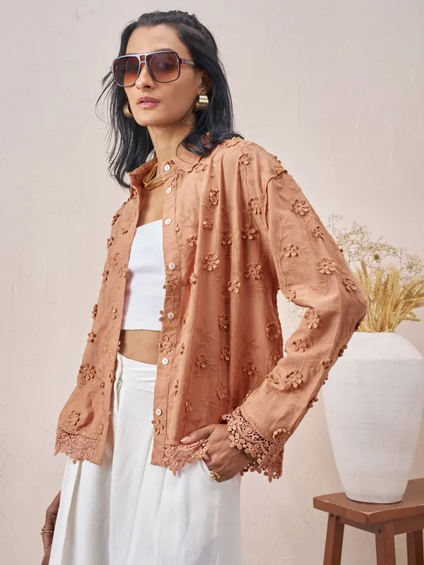 Vara By Vishudh Women Brown Embroidered Casual Shirt