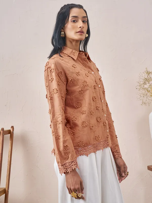 Vara By Vishudh Women Brown Embroidered Casual Shirt