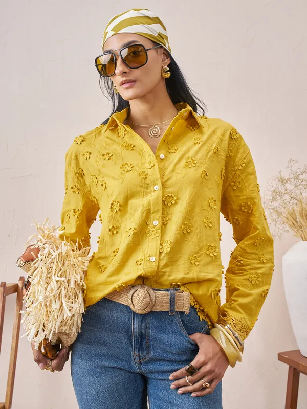 Vara By Vishudh Women Yellow Self Design Casual Shirt