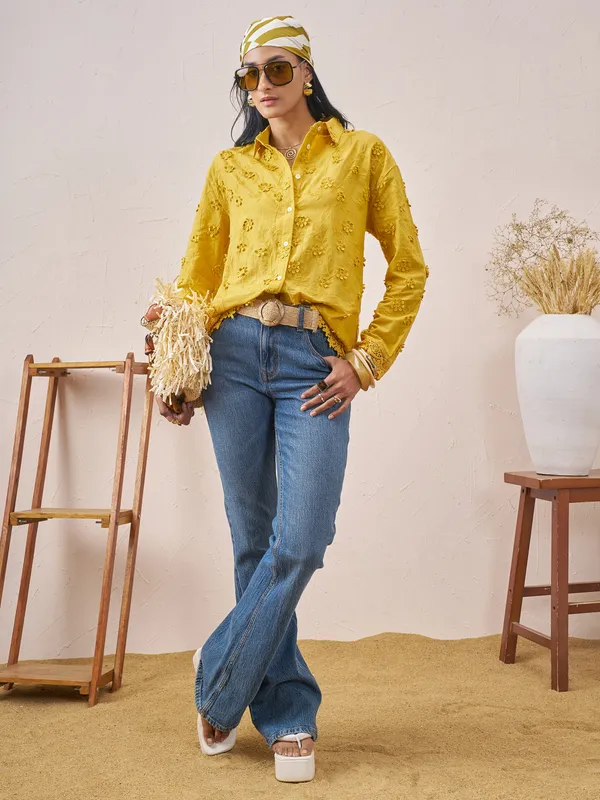 Vara By Vishudh Women Yellow Self Design Casual Shirt