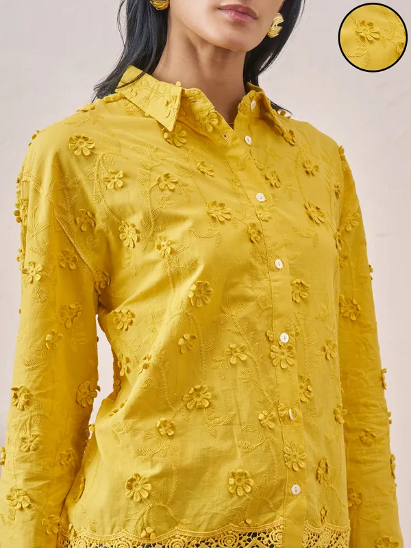 Vara By Vishudh Women Yellow Self Design Casual Shirt