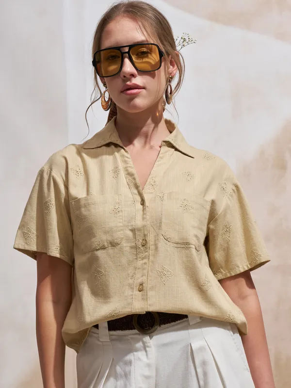 Vara By Vishudh Women Beige Embroidered Casual Shirt