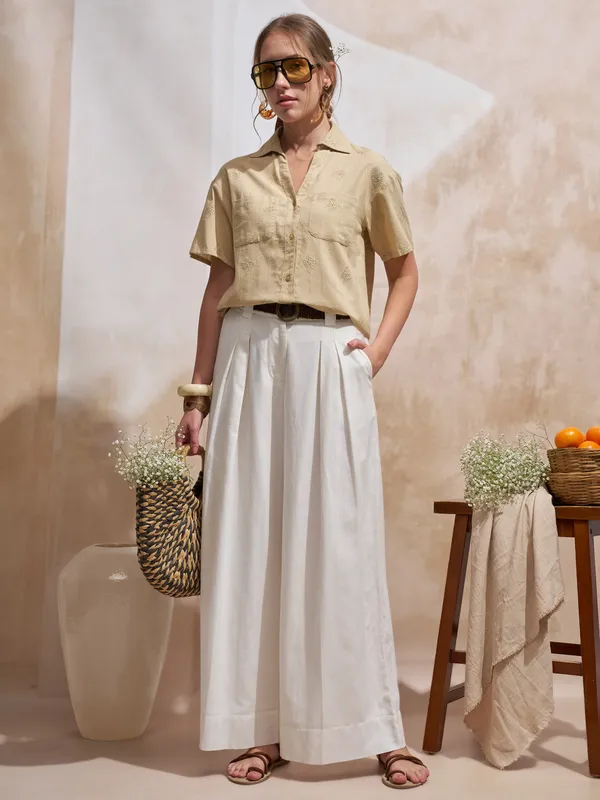 Vara By Vishudh Women Beige Embroidered Casual Shirt