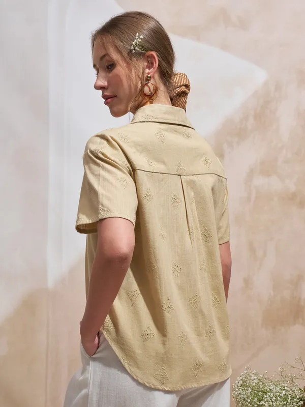 Vara By Vishudh Women Beige Embroidered Casual Shirt