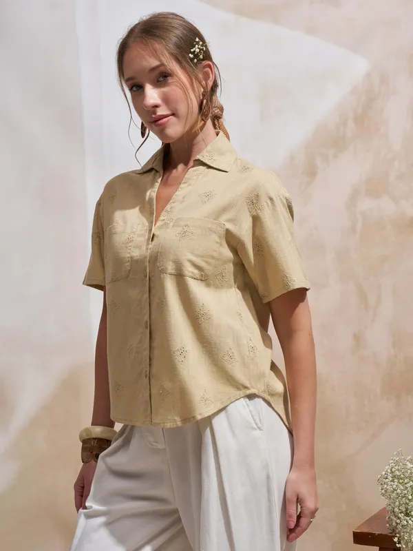 Vara By Vishudh Women Beige Embroidered Casual Shirt