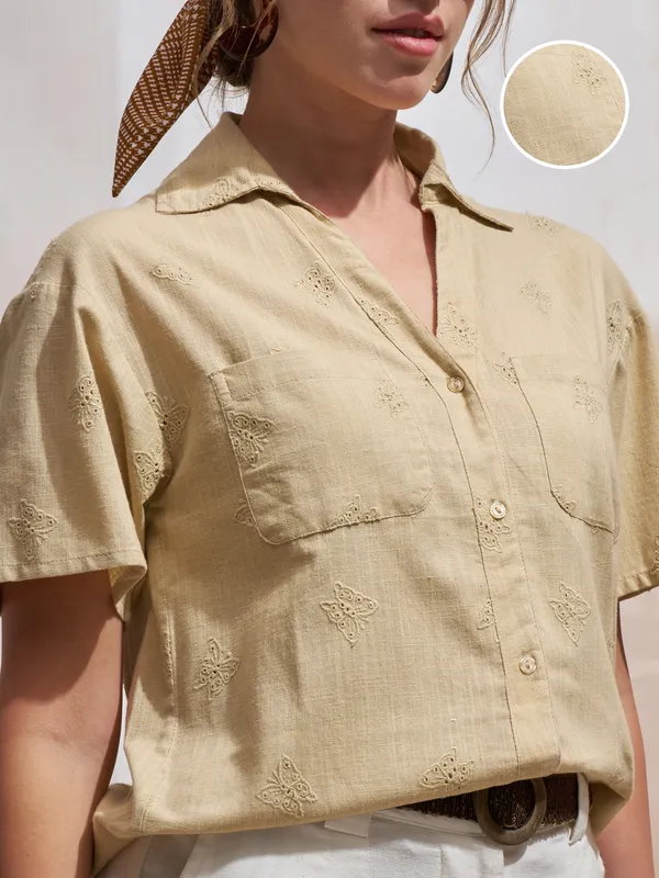 Vara By Vishudh Women Beige Embroidered Casual Shirt