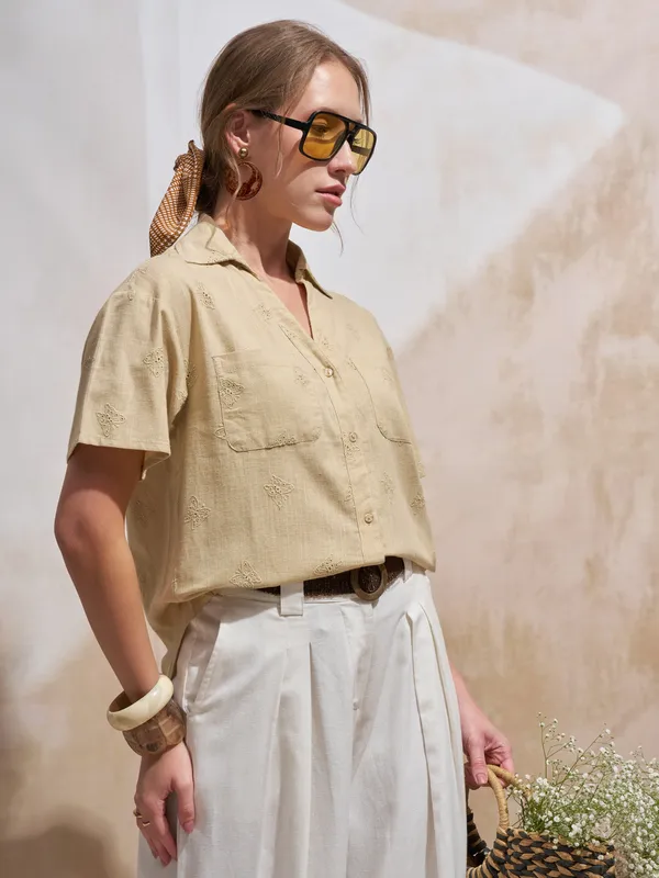 Vara By Vishudh Women Beige Embroidered Casual Shirt