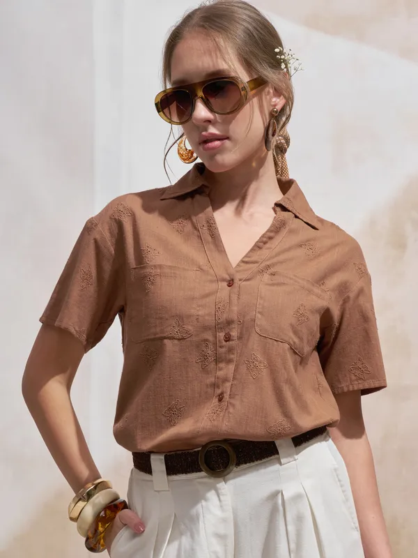 Vara By Vishudh Women Brown Embroidered Casual Shirt