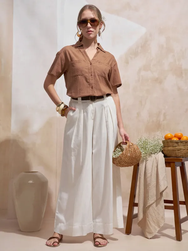 Vara By Vishudh Women Brown Embroidered Casual Shirt