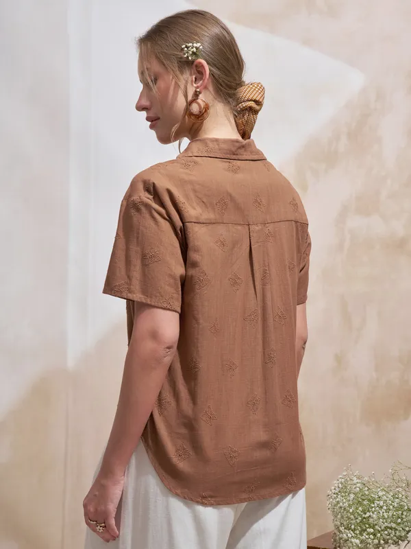 Vara By Vishudh Women Brown Embroidered Casual Shirt