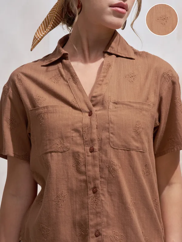 Vara By Vishudh Women Brown Embroidered Casual Shirt