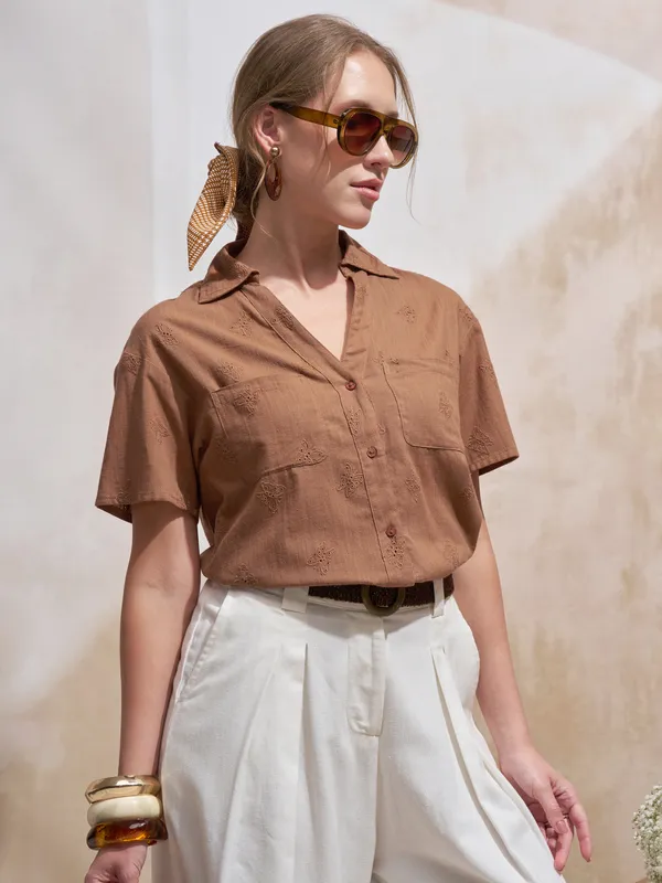 Vara By Vishudh Women Brown Embroidered Casual Shirt