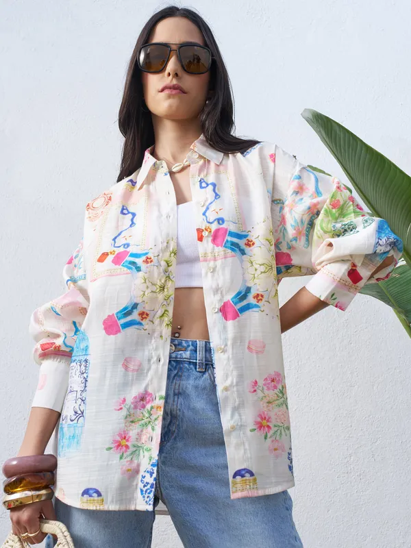 Vara By Vishudh Women Off White Printed Casual Shirt