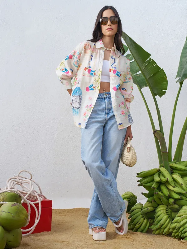 Vara By Vishudh Women Off White Printed Casual Shirt