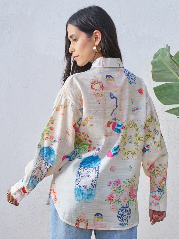 Vara By Vishudh Women Off White Printed Casual Shirt