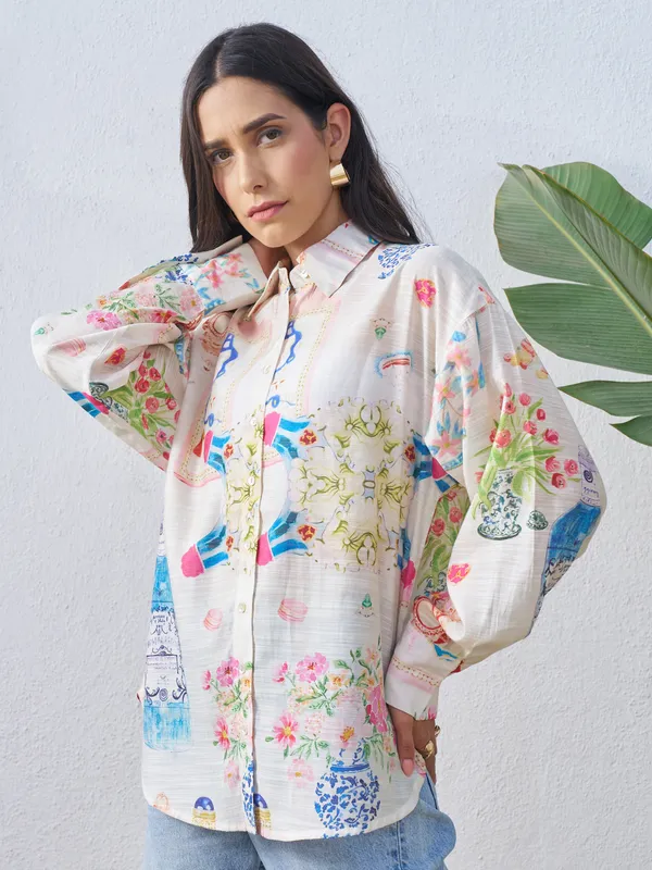 Vara By Vishudh Women Off White Printed Casual Shirt