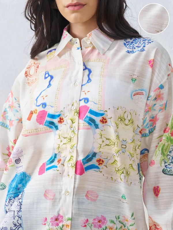 Vara By Vishudh Women Off White Printed Casual Shirt