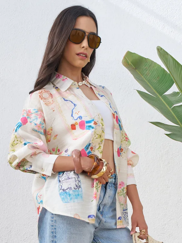 Vara By Vishudh Women Off White Printed Casual Shirt