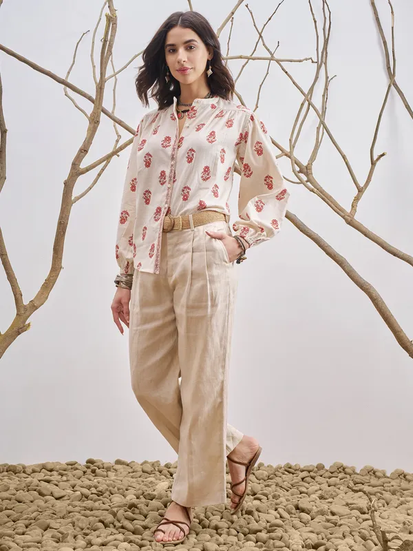 Vara By Vishudh Women Off White Printed Casual Shirt