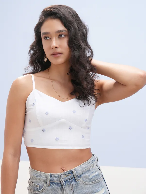 Vara By Vishudh Women White Embroidered Top