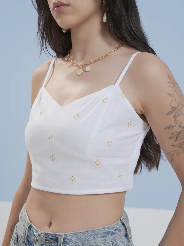 Vara By Vishudh Women White Embroidered Top