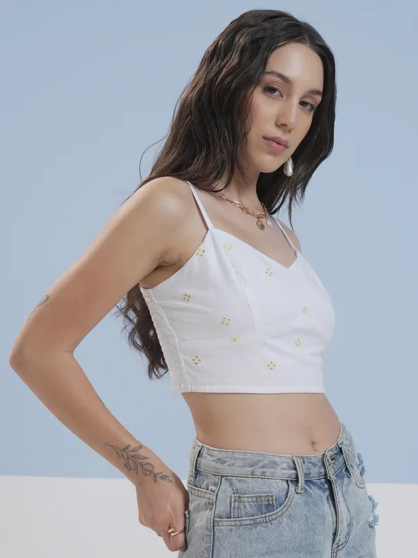 Vara By Vishudh Women White Embroidered Top