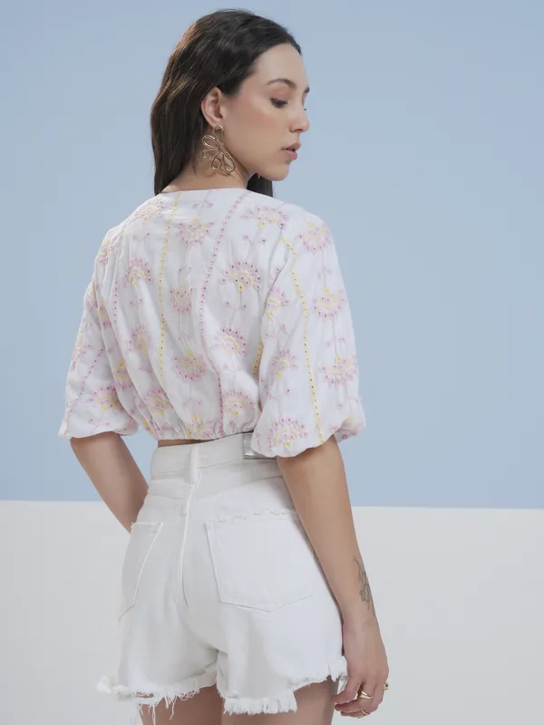 Vara By Vishudh Women White Embroidered Top