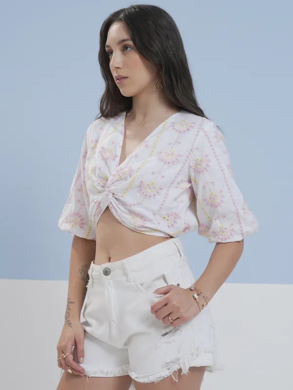 Vara By Vishudh Women White Embroidered Top