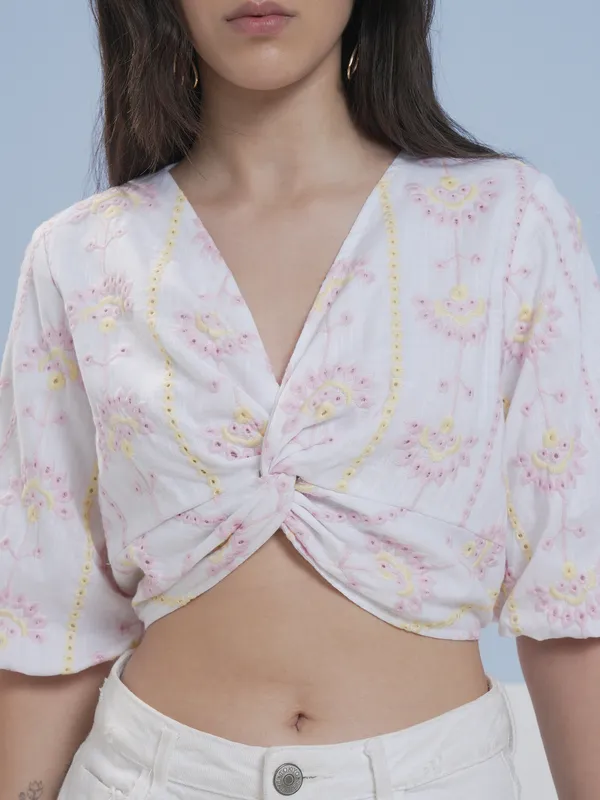 Vara By Vishudh Women White Embroidered Top