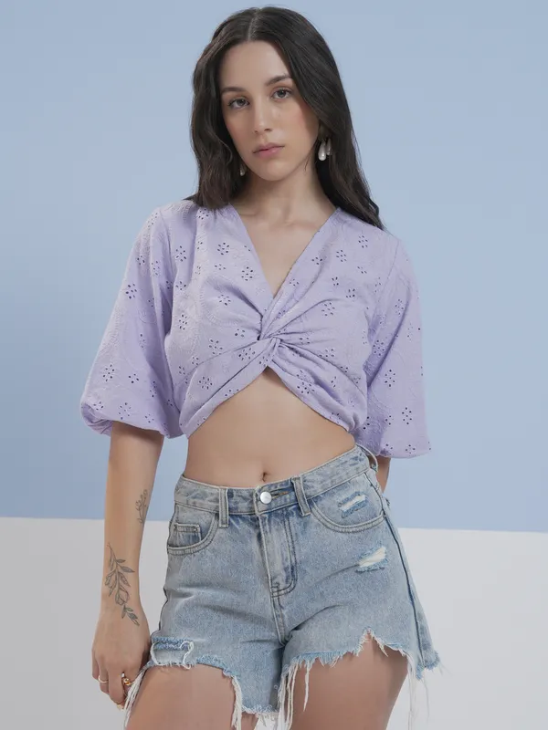 Vara By Vishudh Women Lavender Embroidered Top