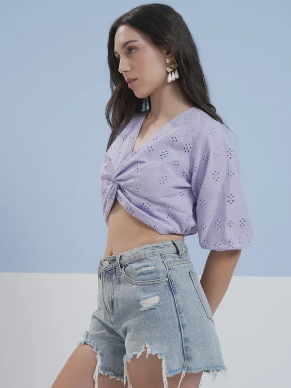 Vara By Vishudh Women Lavender Embroidered Top