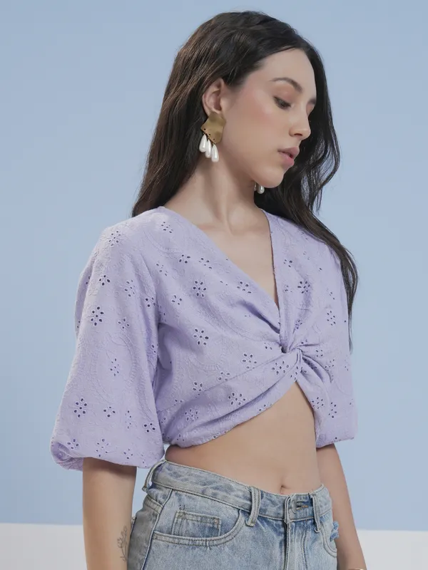 Vara By Vishudh Women Lavender Embroidered Top