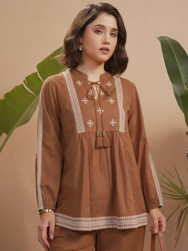 Vara By Vishudh Women Brown Embroidered Top