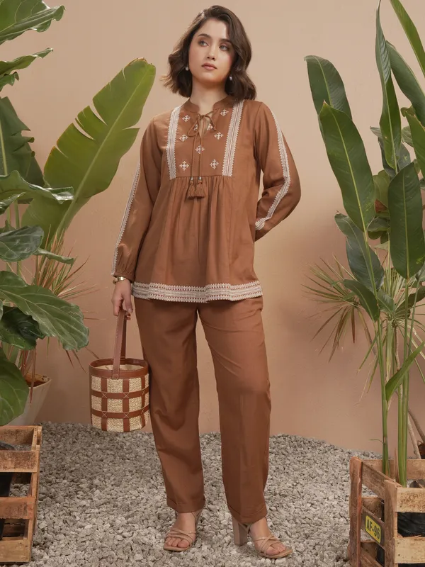 Vara By Vishudh Women Brown Embroidered Top