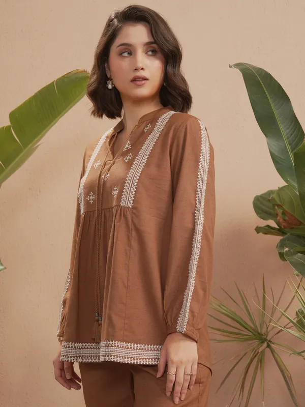 Vara By Vishudh Women Brown Embroidered Top