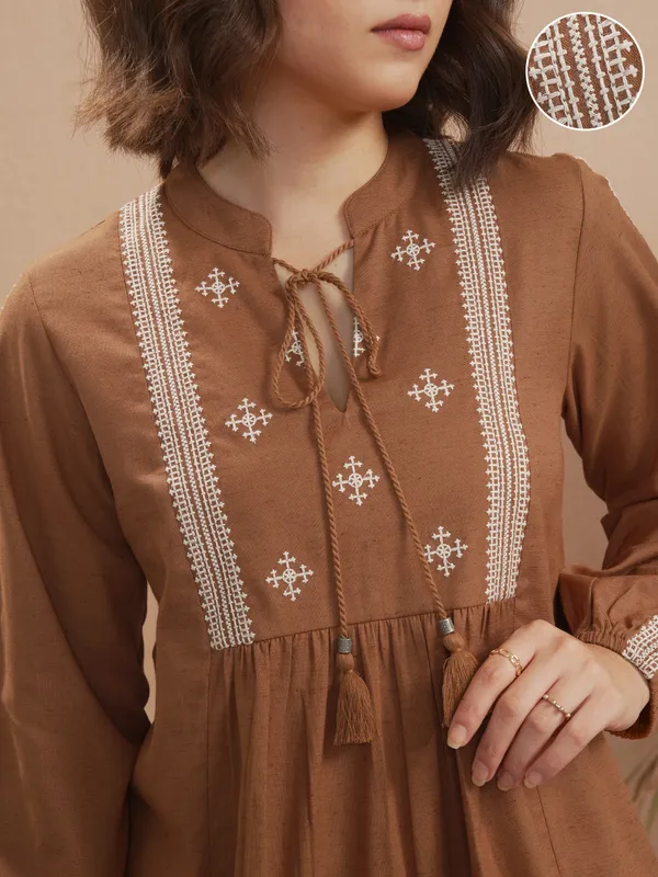 Vara By Vishudh Women Brown Embroidered Top