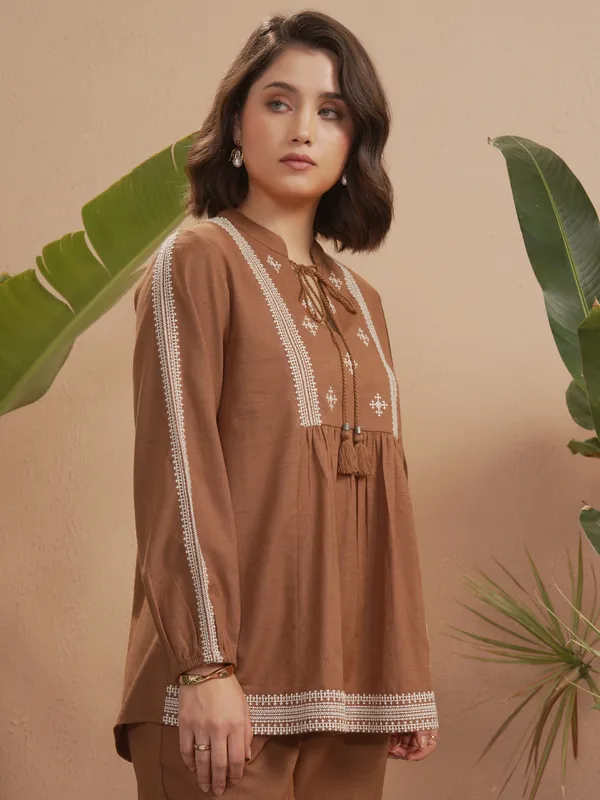 Vara By Vishudh Women Brown Embroidered Top