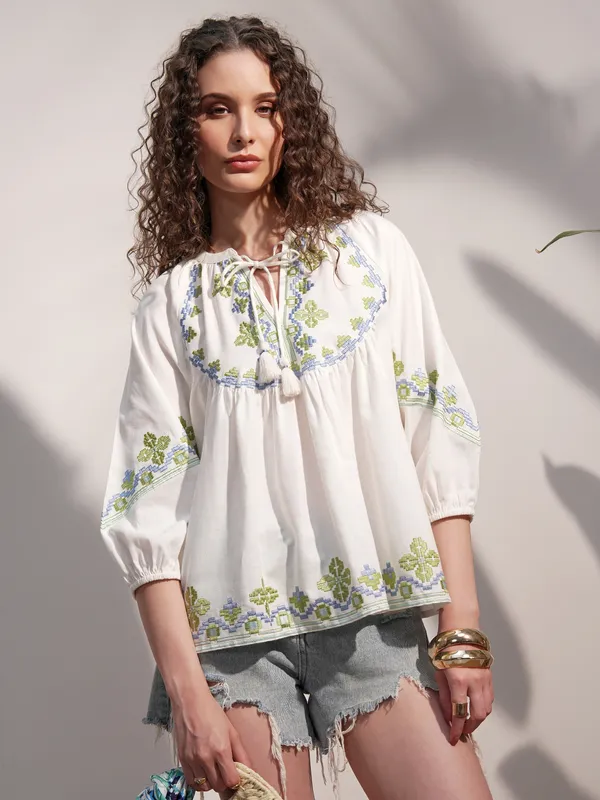 Vara By Vishudh Women White Embroidered Top