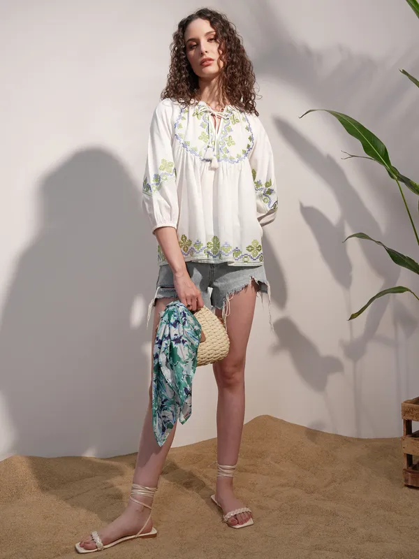 Vara By Vishudh Women White Embroidered Top