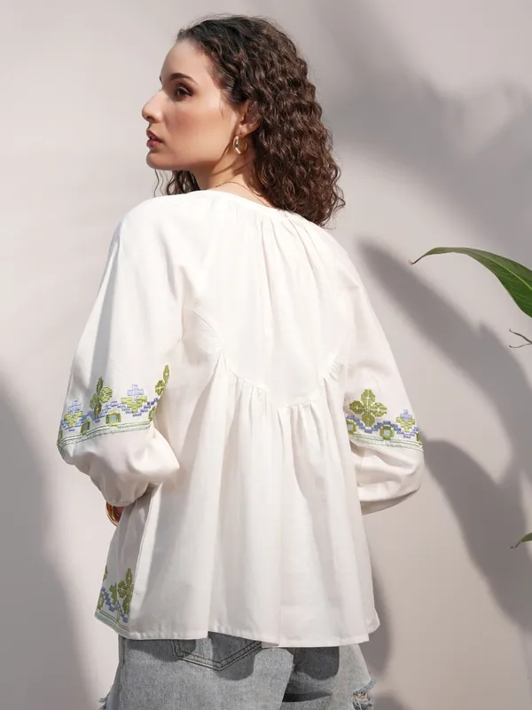 Vara By Vishudh Women White Embroidered Top