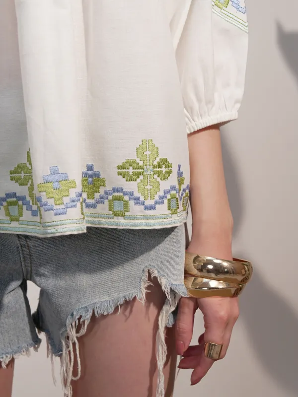 Vara By Vishudh Women White Embroidered Top