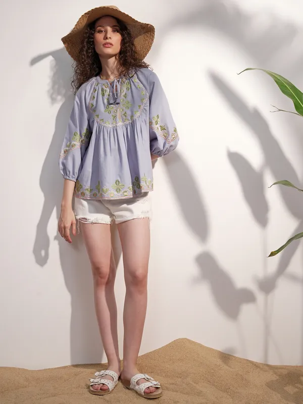 Vara By Vishudh Women Blue Embroidered Top