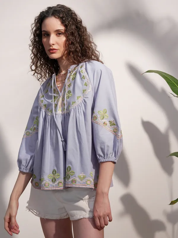 Vara By Vishudh Women Blue Embroidered Top